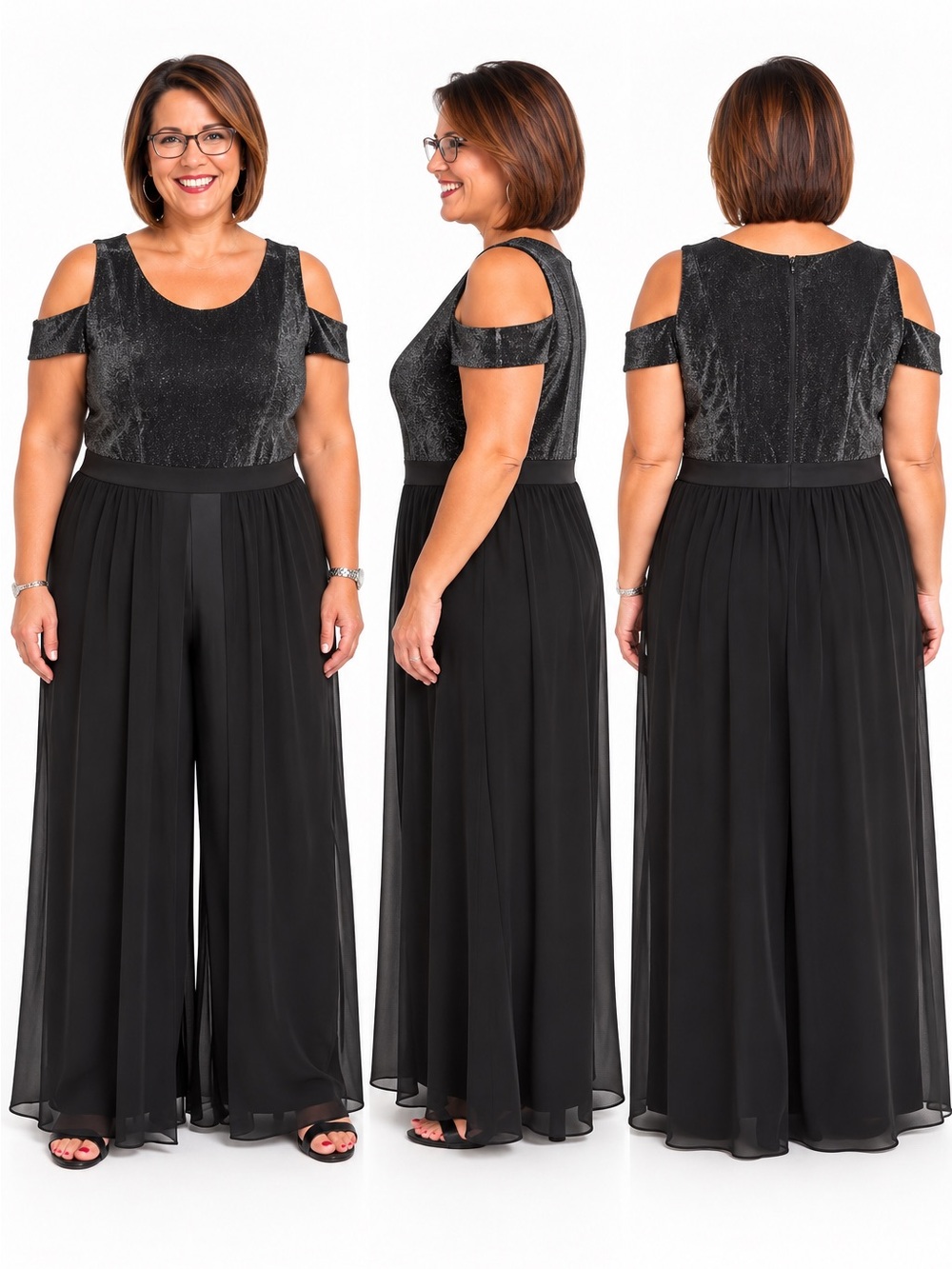 Cold-Shoulder Black Sparkle Jumpsuit